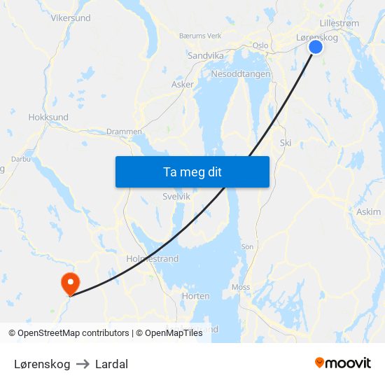 Lørenskog to Lardal map