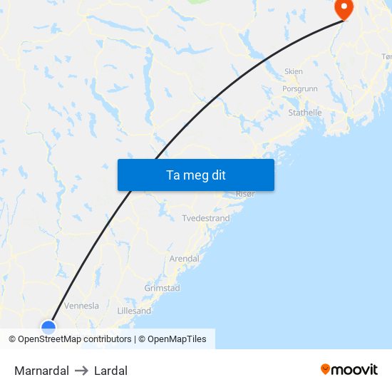 Marnardal to Lardal map