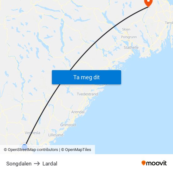 Songdalen to Lardal map