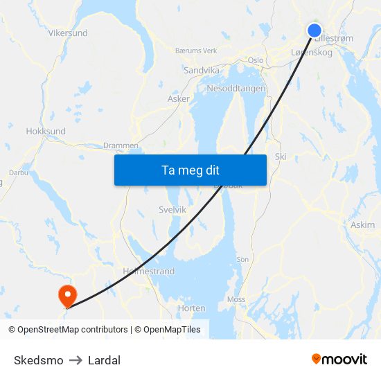Skedsmo to Lardal map