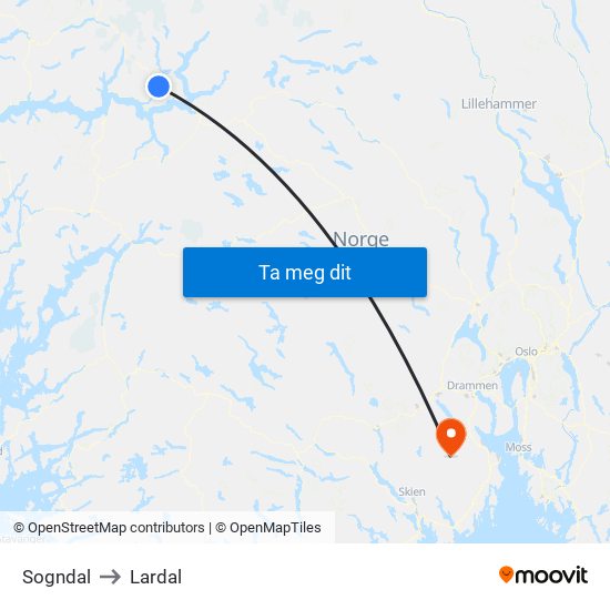 Sogndal to Lardal map