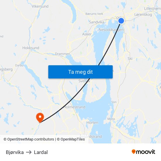 Bjørvika to Lardal map