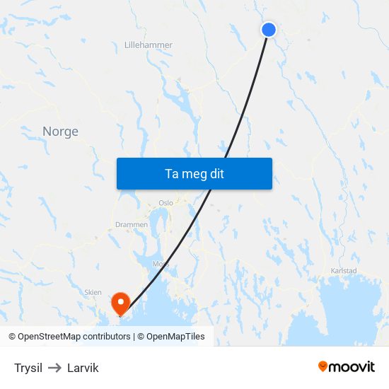 Trysil to Larvik map