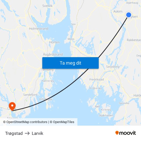 Trøgstad to Larvik map