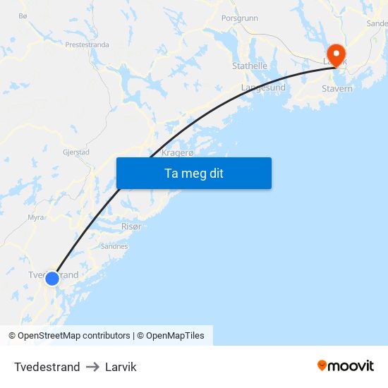 Tvedestrand to Larvik map