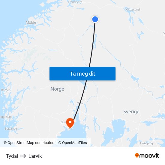 Tydal to Larvik map