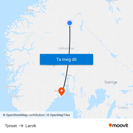 Tynset to Larvik map
