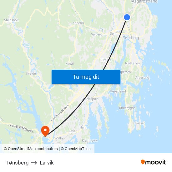 Tønsberg to Larvik map