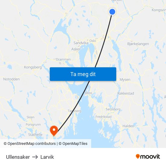 Ullensaker to Larvik map