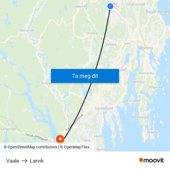 Vaale to Larvik map