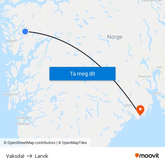 Vaksdal to Larvik map