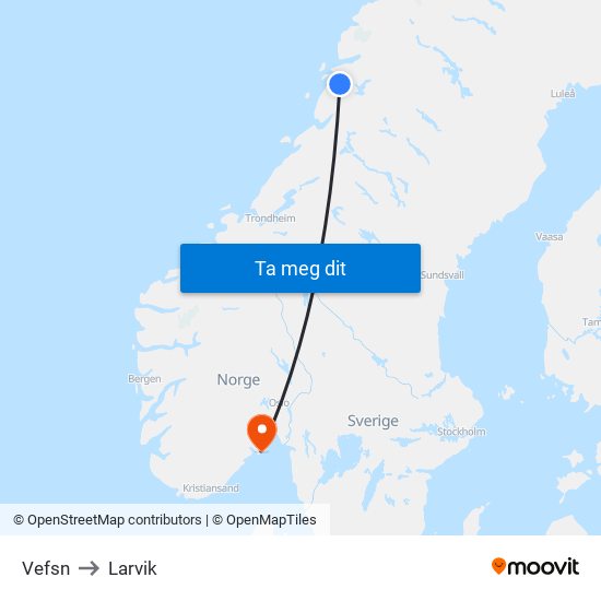 Vefsn to Larvik map