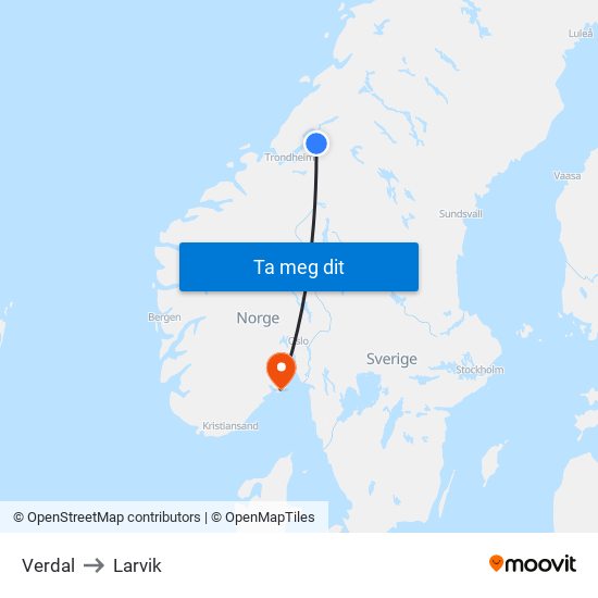 Verdal to Larvik map