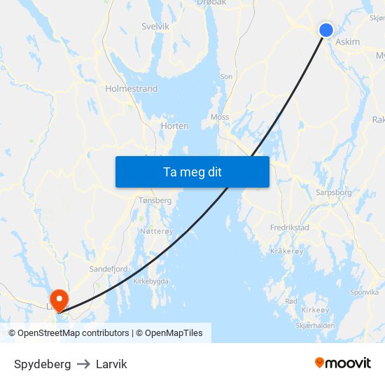 Spydeberg to Larvik map