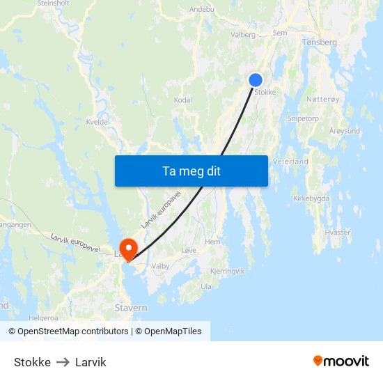 Stokke to Larvik map