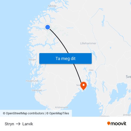 Stryn to Larvik map