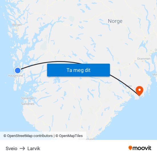 Sveio to Larvik map