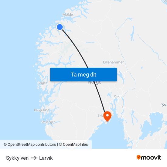 Sykkylven to Larvik map