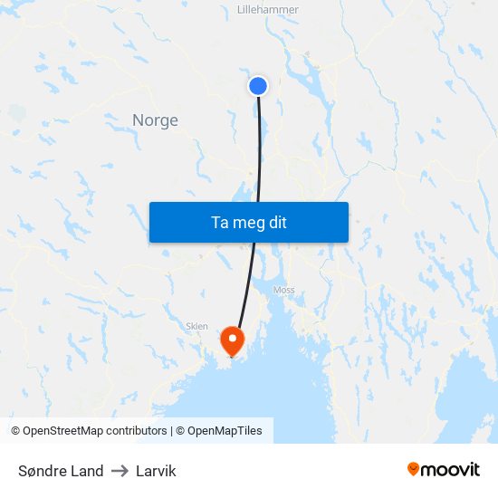 Søndre Land to Larvik map