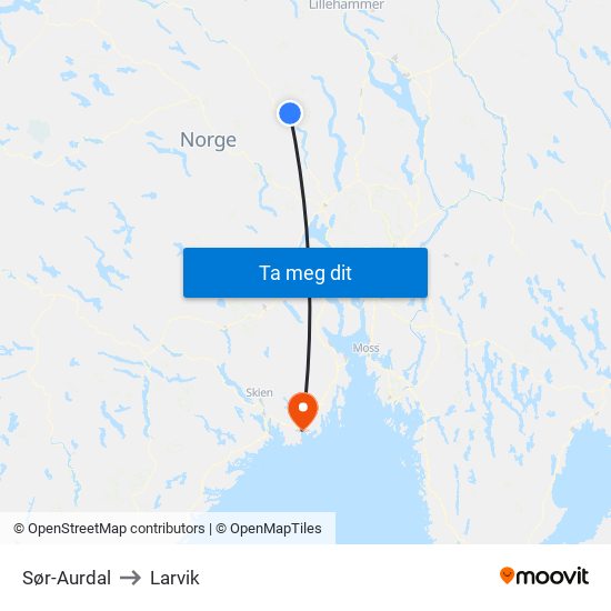 Sør-Aurdal to Larvik map
