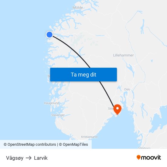 Vågsøy to Larvik map
