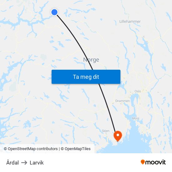 Årdal to Larvik map