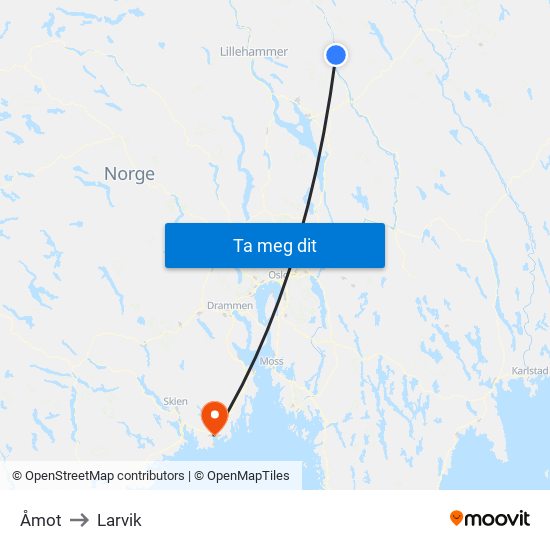 Åmot to Larvik map