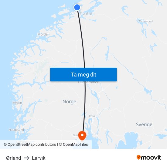 Ørland to Larvik map