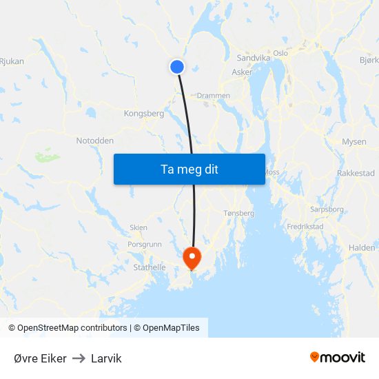 Øvre Eiker to Larvik map