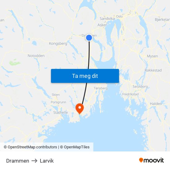 Drammen to Larvik map