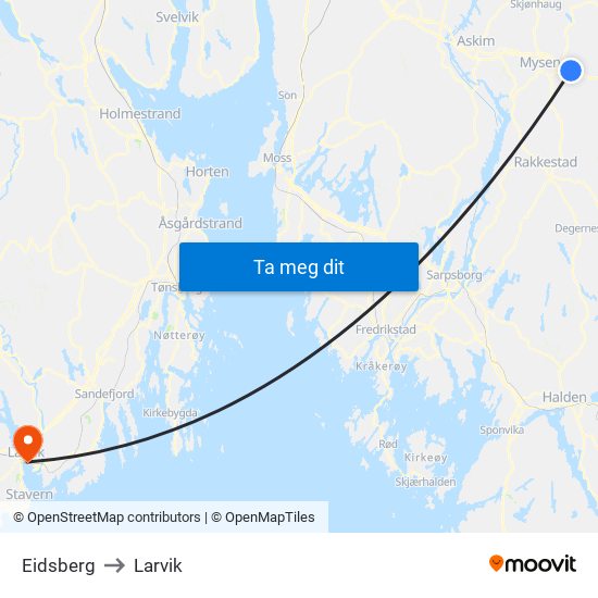 Eidsberg to Larvik map
