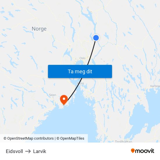Eidsvoll to Larvik map