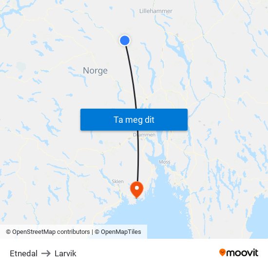 Etnedal to Larvik map