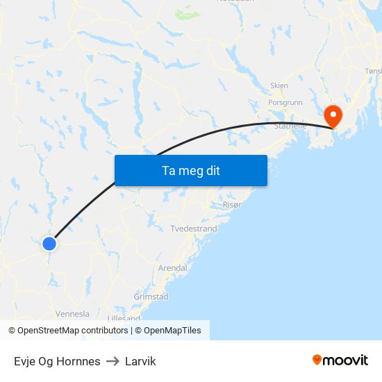 Evje Og Hornnes to Larvik map