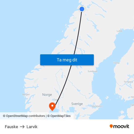 Fauske to Larvik map