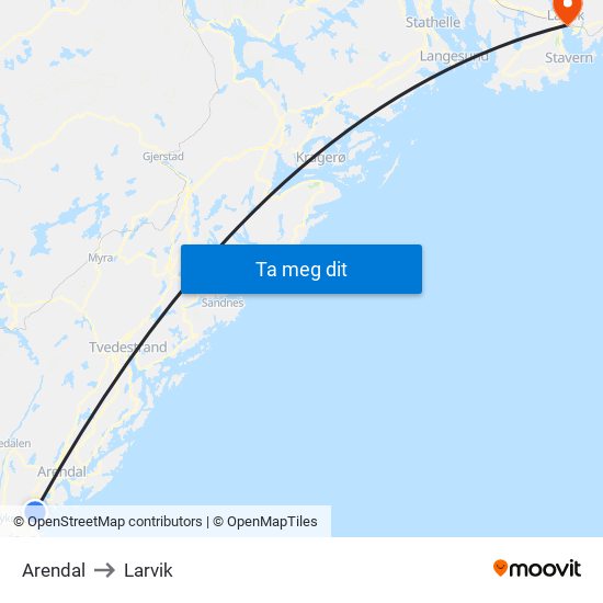 Arendal to Larvik map