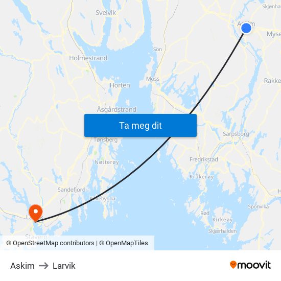 Askim to Larvik map