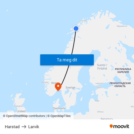 Harstad to Larvik map