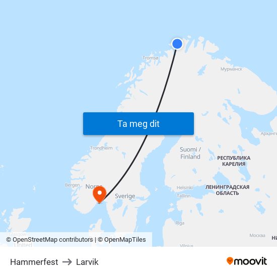 Hammerfest to Larvik map