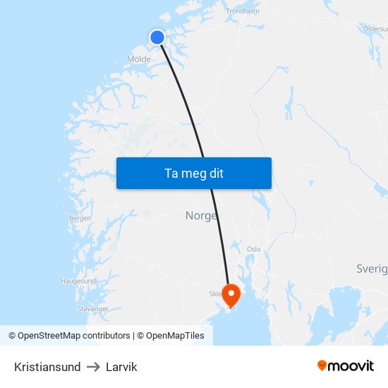 Kristiansund to Larvik map