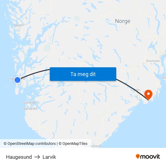 Haugesund to Larvik map