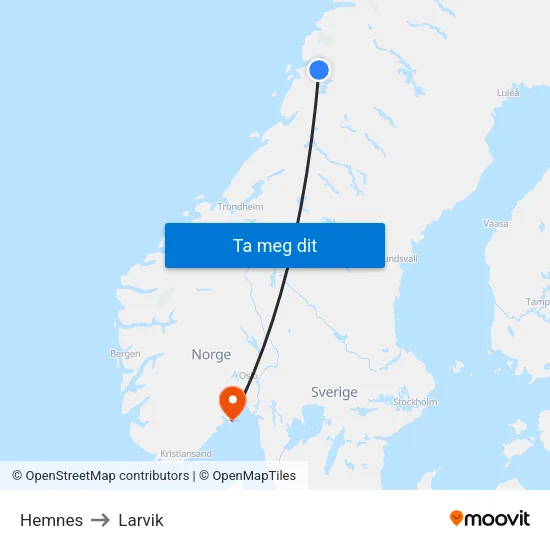 Hemnes to Larvik map