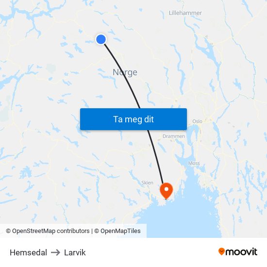 Hemsedal to Larvik map