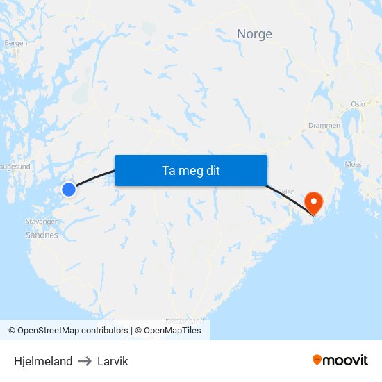 Hjelmeland to Larvik map