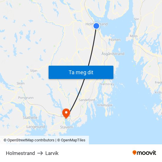 Holmestrand to Larvik map