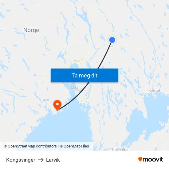 Kongsvinger to Larvik map