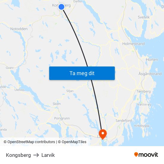 Kongsberg to Larvik map