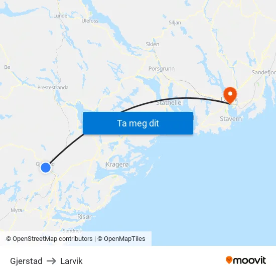 Gjerstad to Larvik map