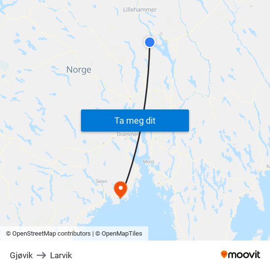 Gjøvik to Larvik map