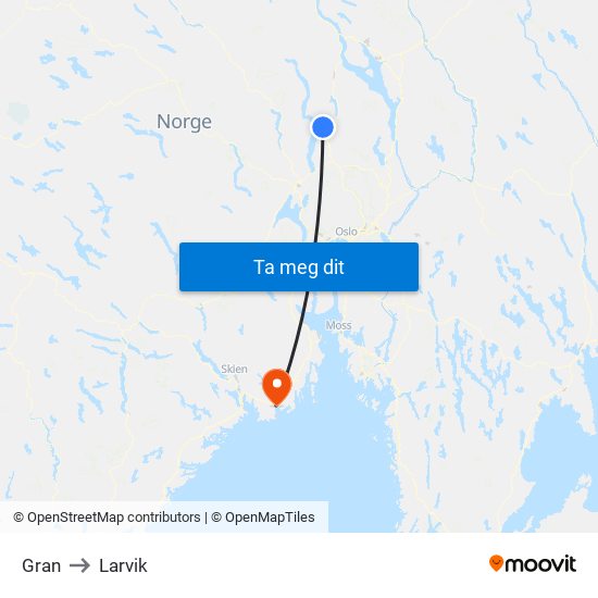 Gran to Larvik map